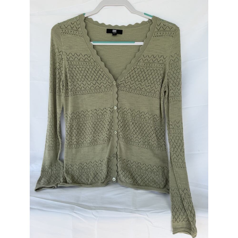 Frye Sage‎ Green Cotton Pointelle Lightweight Cardigan Scalloped Sz Sm
